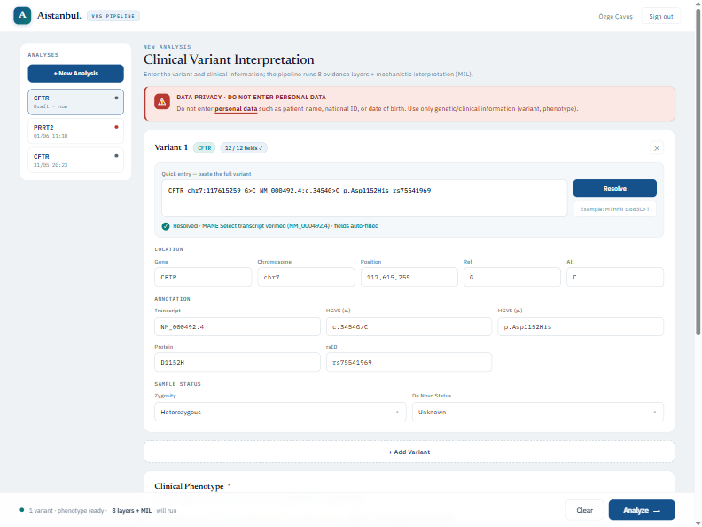 AIstanbul VUS Pipeline data-input screen: variant entry, HGVS annotation and clinical phenotype fields